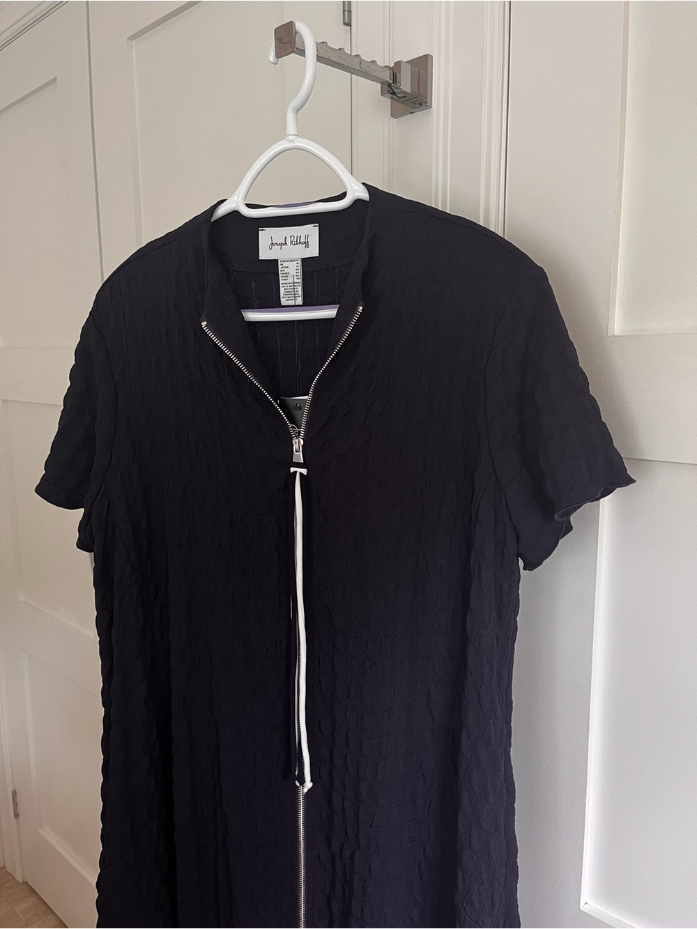 Joseph Ribkoff textured cocoon dress in midnight blue with contrast zip trim.